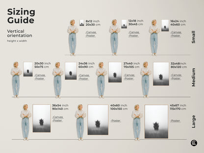 Sizing guide for vertical orientation of the monochrome bison wall art. Available in canvas and poster print. Sizes range from small to large with a person standing next to it to show scale. A perfect addition to your wall art collection.
