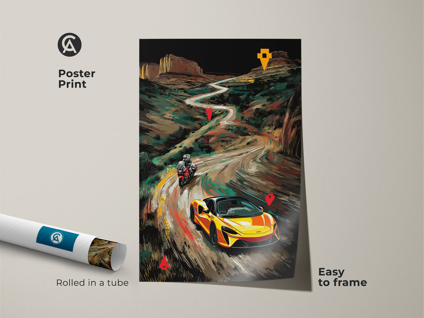 Poster print of a scenic road trip featuring a yellow McLaren and motorcycle. This modern landscape art is easy to frame making it perfect for wall decor. The vibrant automotive artwork is an ideal gift for car enthusiasts. Rolled in a tube for protection during shipping.