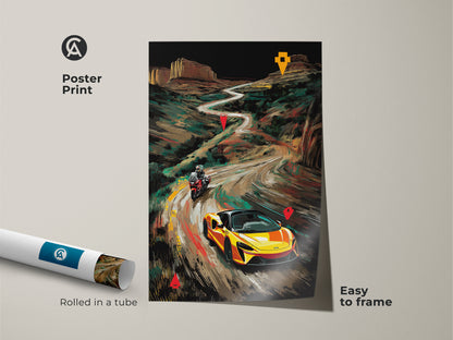 Poster print of a scenic road trip featuring a yellow McLaren and motorcycle. This modern landscape art is easy to frame making it perfect for wall decor. The vibrant automotive artwork is an ideal gift for car enthusiasts. Rolled in a tube for protection during shipping.
