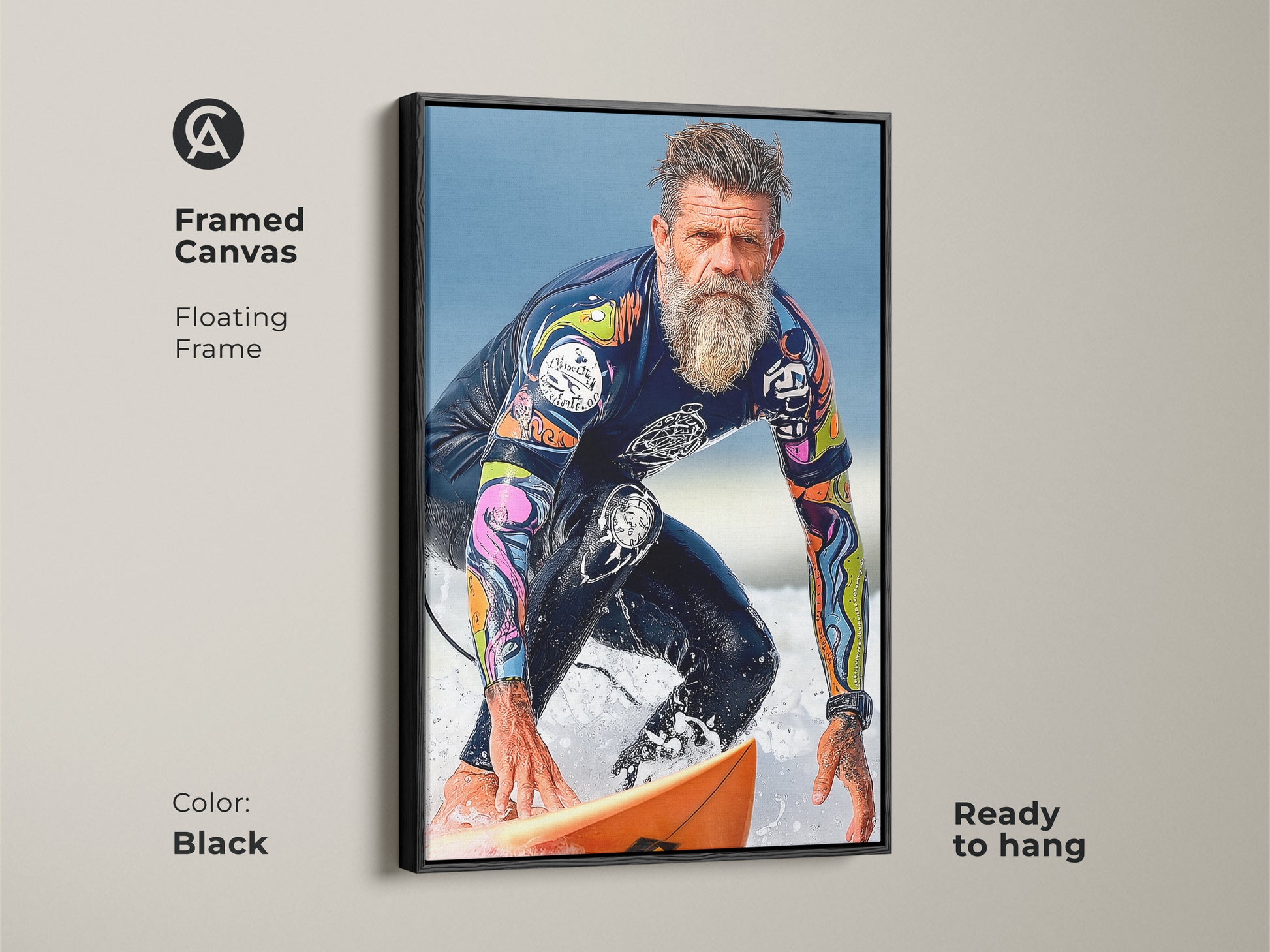 A black framed canvas shows vintage surfer wall artwork ready to hang. The art print features a surfer riding a wave. A modern realism style for your man cave decor. Ocean action wall artwork is a great gift.