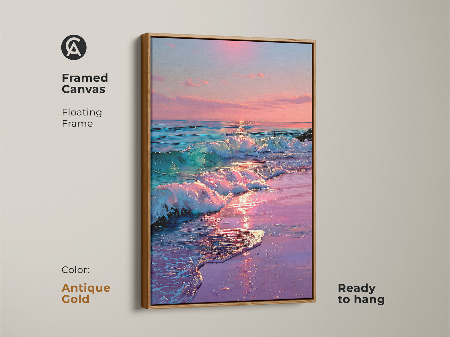 Framed canvas floating frame in antique gold. Dreamy ocean sunset coastal beach waves wall art. Ready to hang pink purple teal seascape painting. Serene sunset beach canvas.