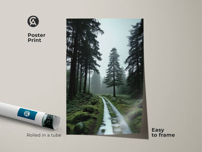 Poster print of a misty forest path. Tall pine trees create a serene nature scene. This museum-quality paper print is easy to frame. The deep green woodland artwork adds calming vibes.