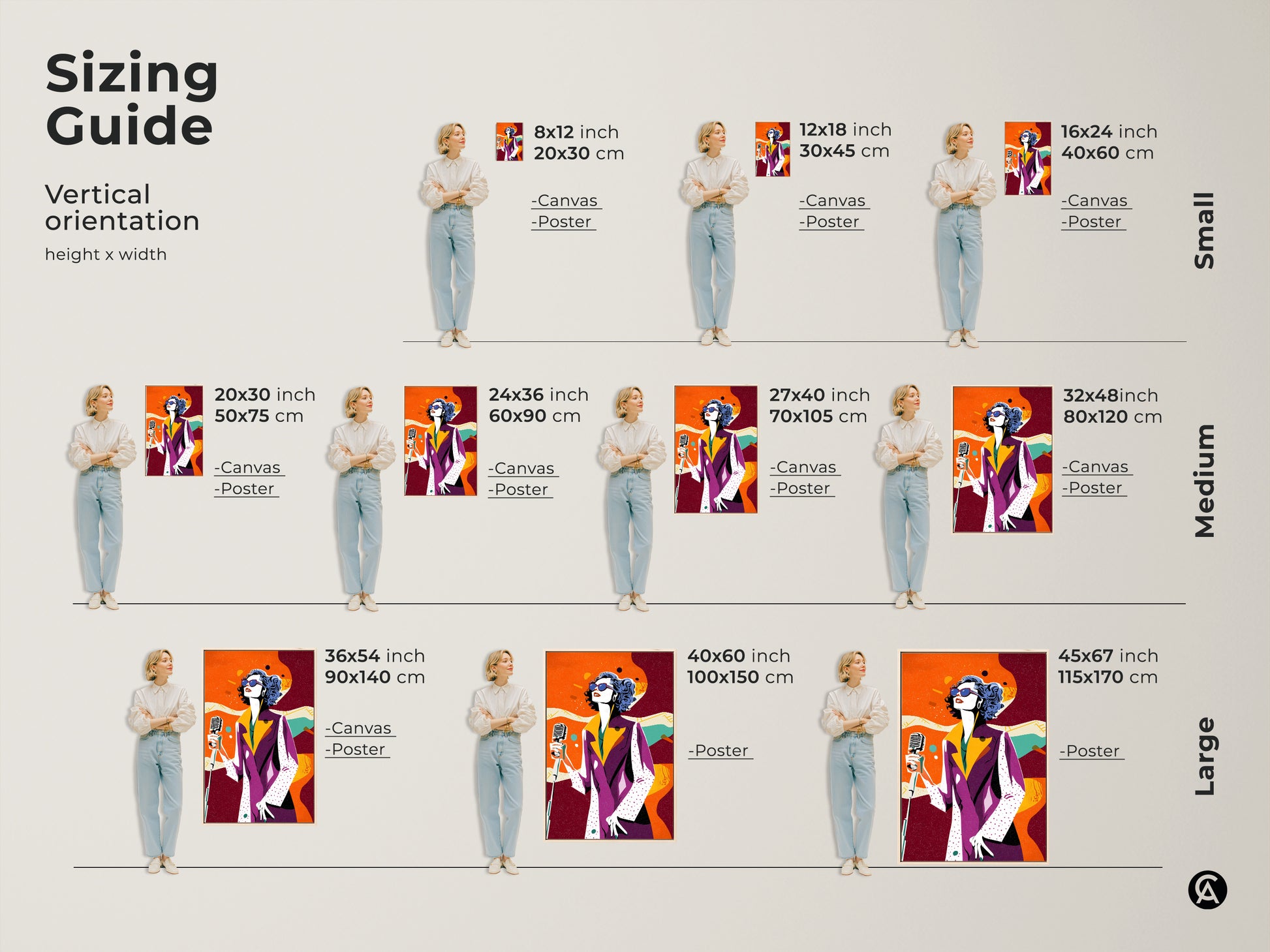Discover sizing options for retro singer pop art. Available in small medium and large sizes. This eclectic music wall decor is perfect for any space. Choose canvas or poster prints in various dimensions to suit your style.