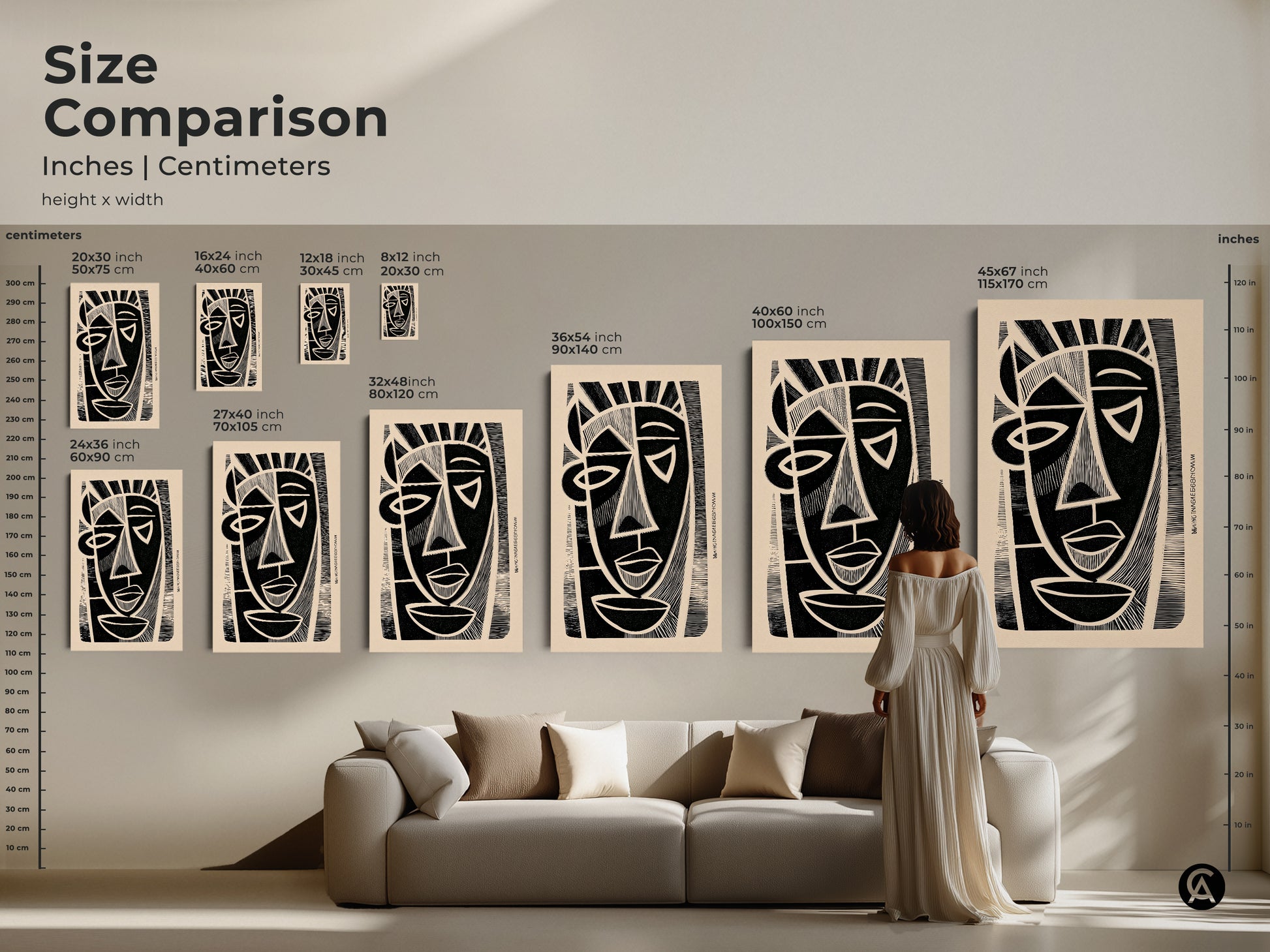 A size comparison showcases the abstract face print in various dimensions. From 20x30 cm to 45x67 inch find the perfect size for your space. See how the artwork complements a modern living room. It will enhance your home decor.