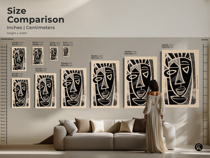 A size comparison showcases the abstract face print in various dimensions. From 20x30 cm to 45x67 inch find the perfect size for your space. See how the artwork complements a modern living room. It will enhance your home decor.