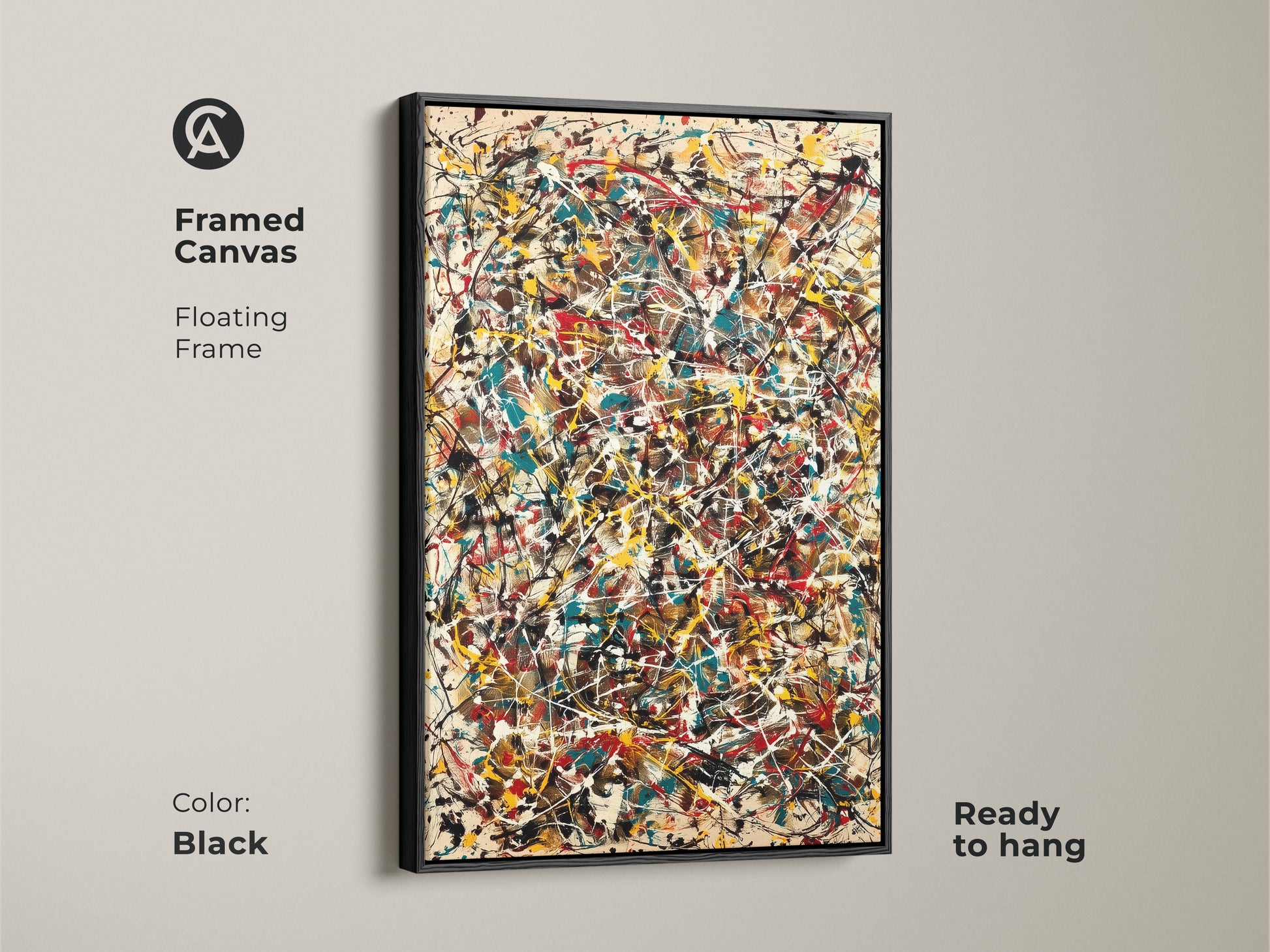 Framed canvas of abstract expressionism art. The artwork features a floating black frame and is ready to hang. Splatters of red yellow teal and white create a dynamic visual. This framed piece enhances any wall.