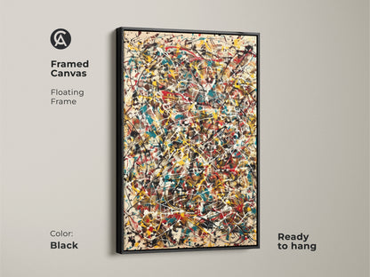Framed canvas of abstract expressionism art. The artwork features a floating black frame and is ready to hang. Splatters of red yellow teal and white create a dynamic visual. This framed piece enhances any wall.