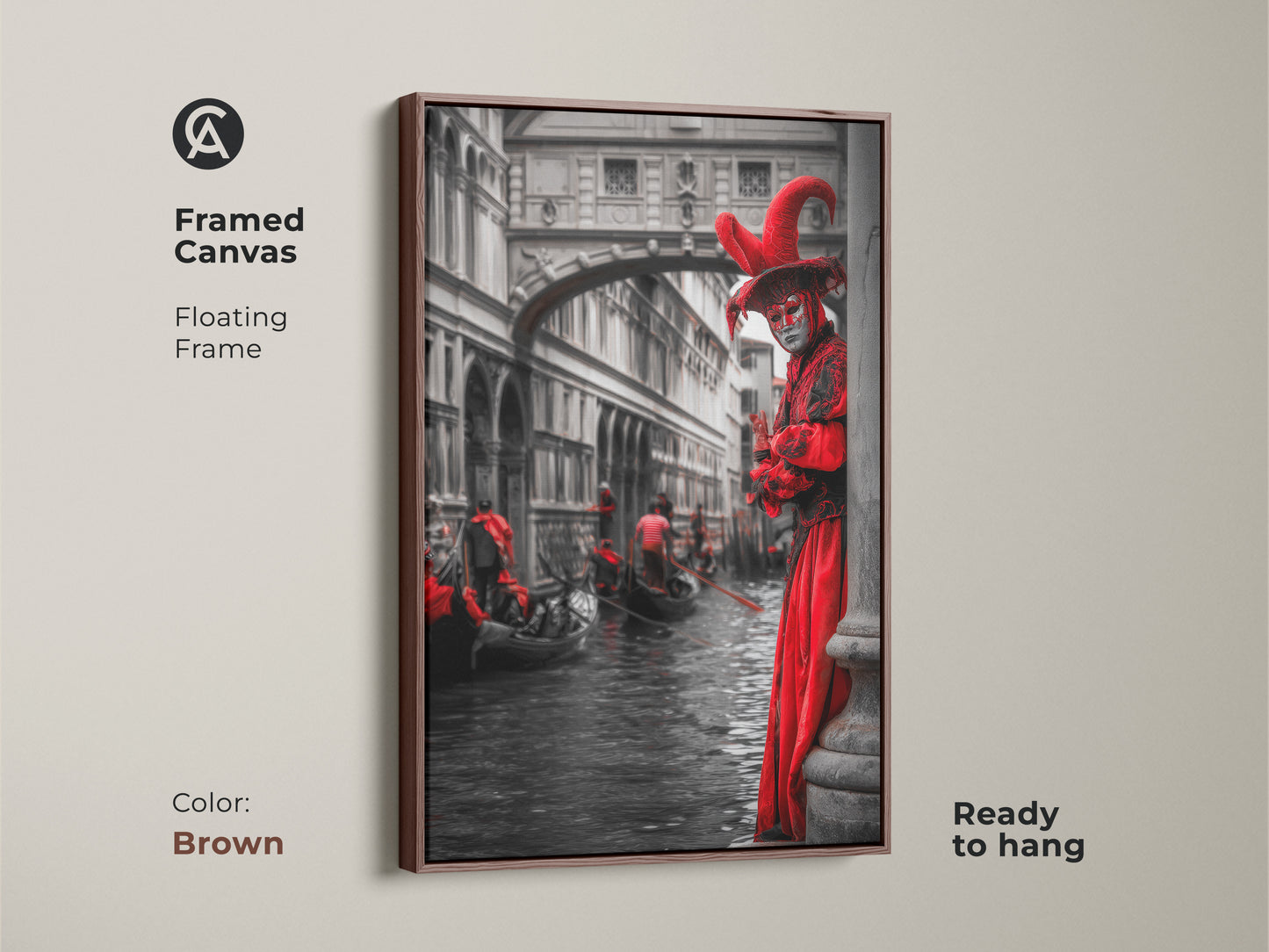 The Venetian Carnival art is framed in brown. It's a gondola canal artwork. The masquerade mask canvas brings Italian festival decor to your walls. This framed print is ready to hang for eclectic interiors.