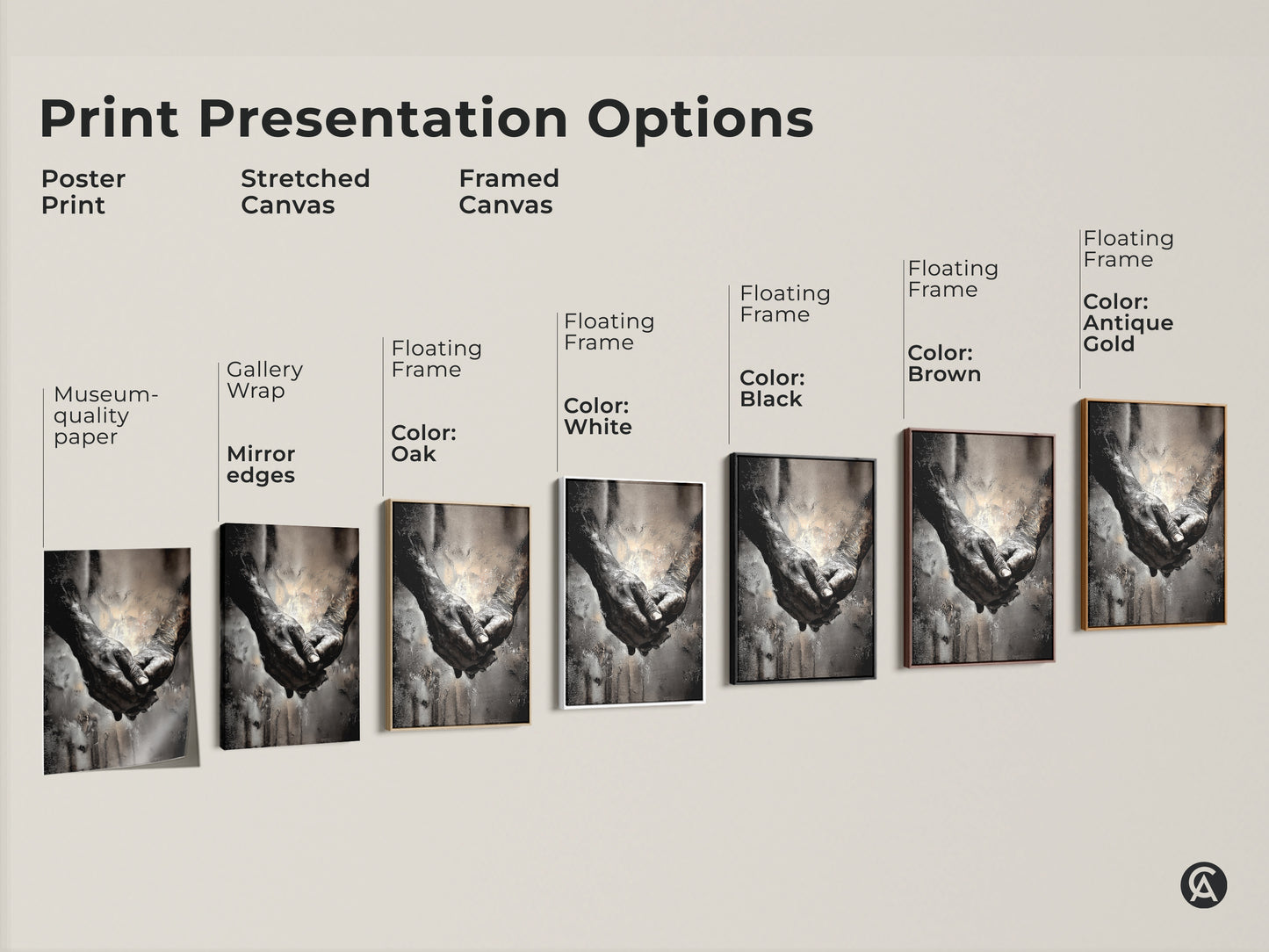 Print presentation options for elderly hands wall art. Includes poster print stretched canvas and framed canvas. Various frame colors like oak white black brown and antique gold are available.