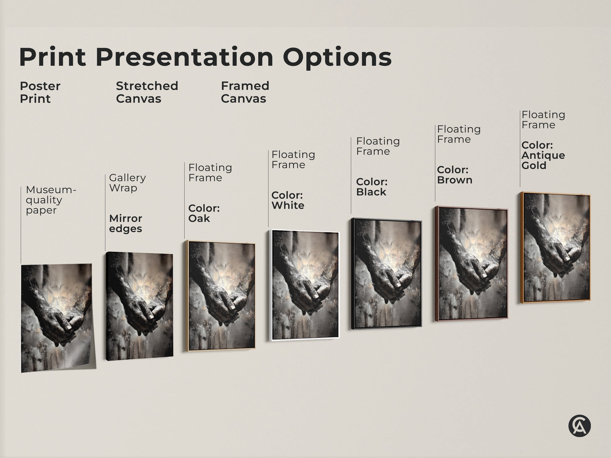 Print presentation options for elderly hands wall art. Includes poster print stretched canvas and framed canvas. Various frame colors like oak white black brown and antique gold are available.