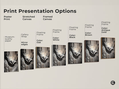 Print presentation options for elderly hands wall art. Includes poster print stretched canvas and framed canvas. Various frame colors like oak white black brown and antique gold are available.