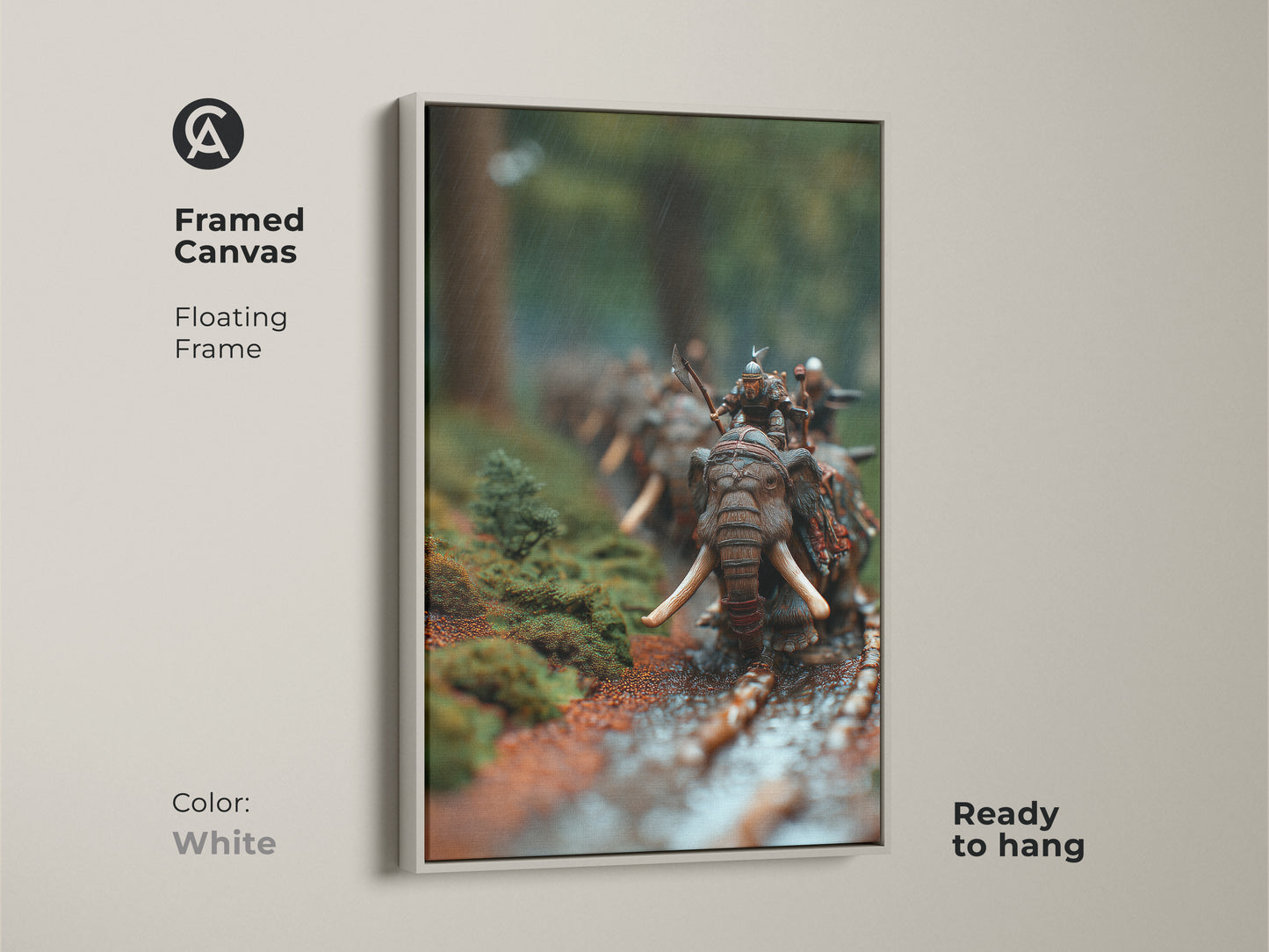 See framed canvas art of a dark fantasy elephant warrior. The floating frame enhances the forest battle scene. This miniature warfare canvas adds eclectic style to any room. It's a great gift for history buffs. This unique animal print brings epic fantasy to your walls. Ready to hang in white.