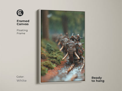 See framed canvas art of a dark fantasy elephant warrior. The floating frame enhances the forest battle scene. This miniature warfare canvas adds eclectic style to any room. It's a great gift for history buffs. This unique animal print brings epic fantasy to your walls. Ready to hang in white.