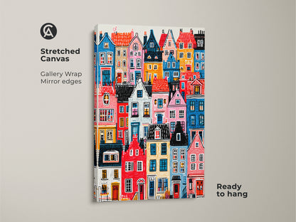 A stretched canvas print displays colorful houses art. The gallery wrap has mirrored edges. The artwork is ready to hang. This vibrant cityscape print is perfect for home decor.