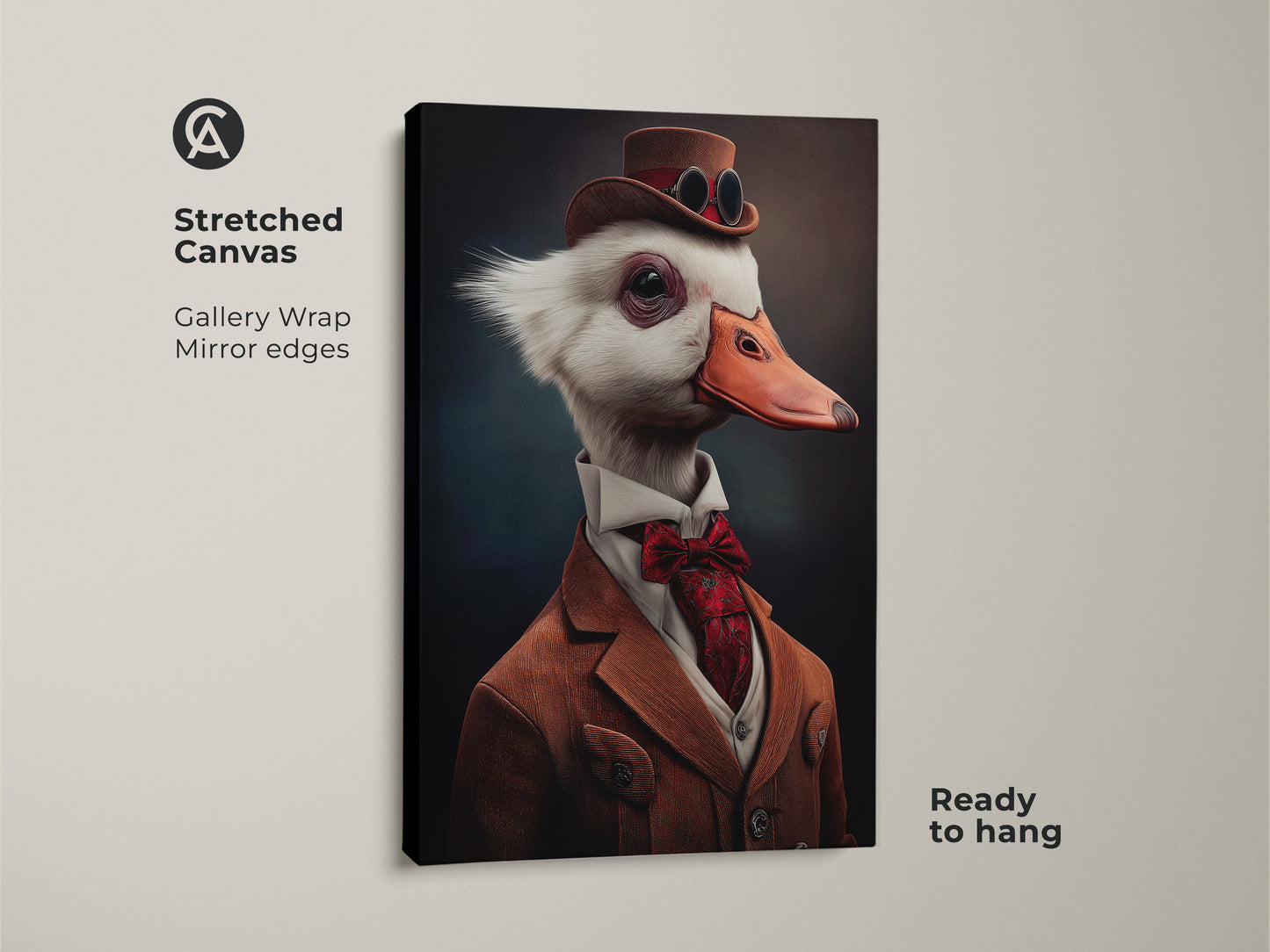 A stretched canvas print featuring steampunk goose wall art. The gallery wrap has mirror edges. This Victorian goose portrait is ready to hang. It's eclectic animal art.