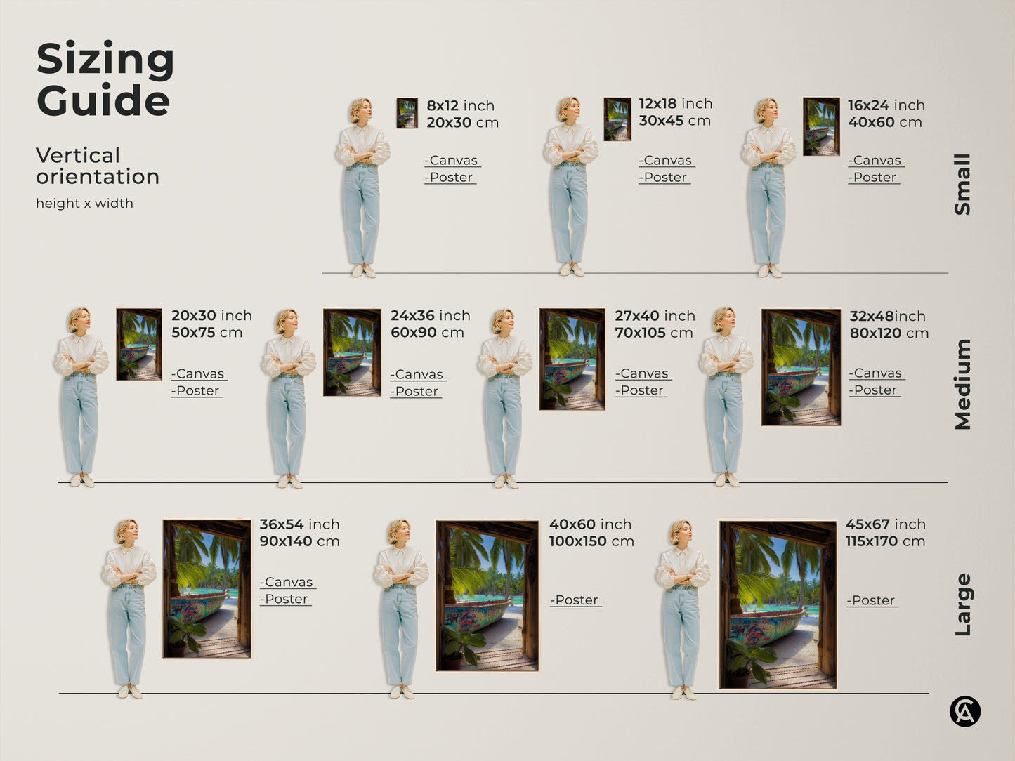 A sizing guide shows a woman standing next to the graffiti boat art. Various sizes are available for canvas and poster prints. Find the perfect fit for your home decor.