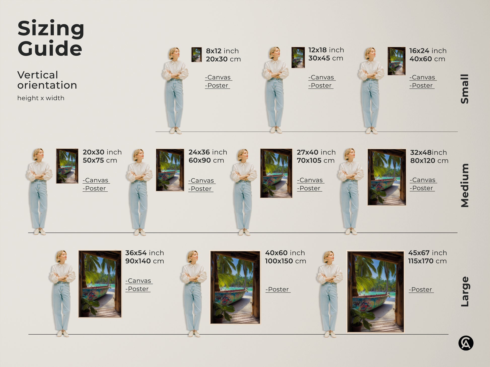 A sizing guide shows a woman standing next to the graffiti boat art. Various sizes are available for canvas and poster prints. Find the perfect fit for your home decor.