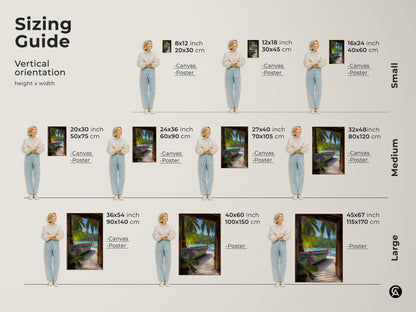 A sizing guide shows a woman standing next to the graffiti boat art. Various sizes are available for canvas and poster prints. Find the perfect fit for your home decor.