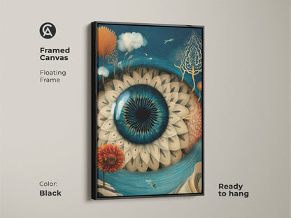 Framed canvas displaying an eclectic surreal eye artwork. The floating frame is black with a ready to hang feature. The deep blue gold colors enhance the fantasy fish wall decor. Perfect for adding unique art to any room.
