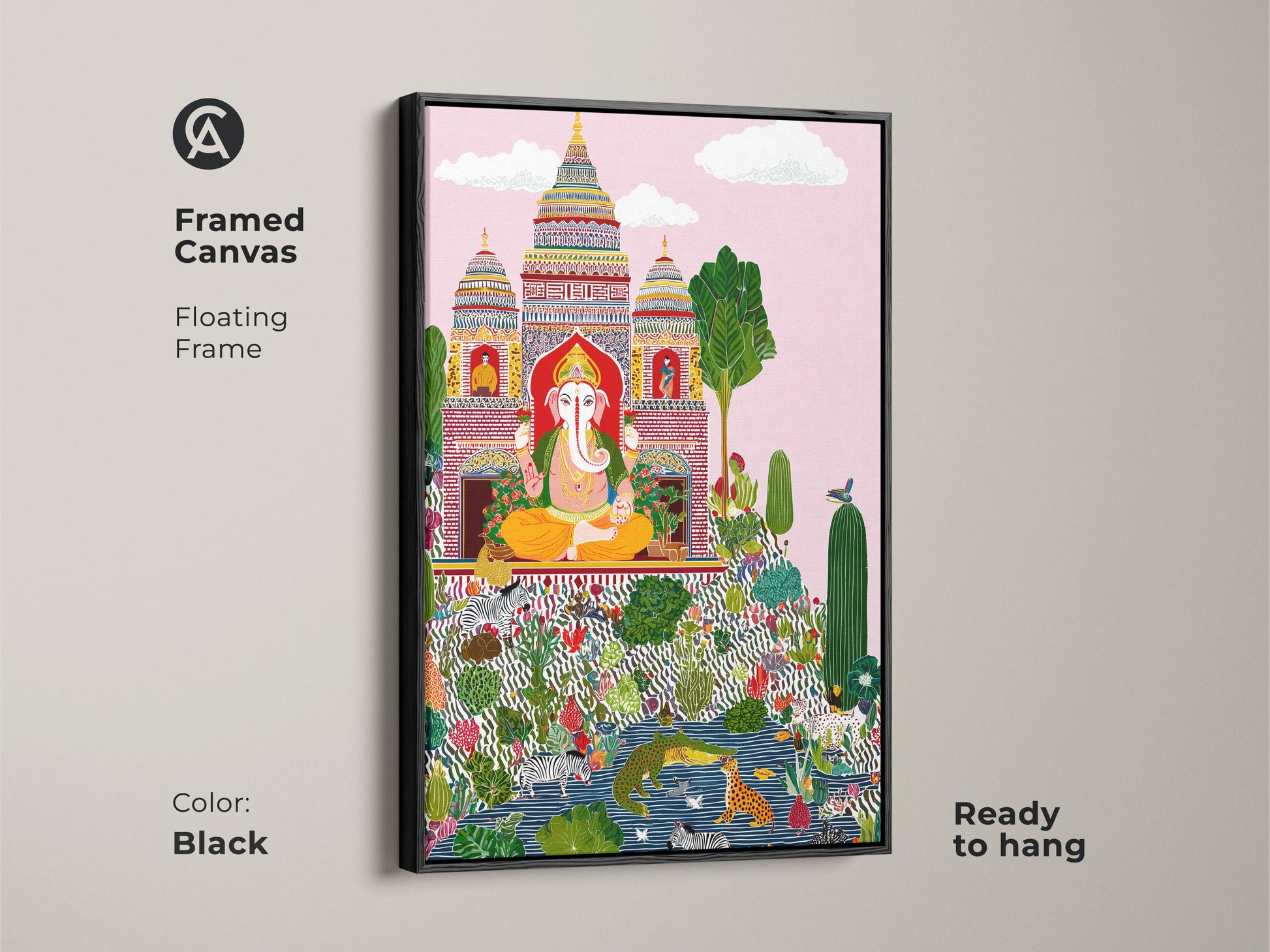Framed canvas featuring Ganesha folk art in a black floating frame. Eclectic zebra print and colorful botanical art enhance this spiritual decor. Ready to hang this religious Ganesha art adds culture to any room. This vibrant Ganesha canvas is a unique statement piece