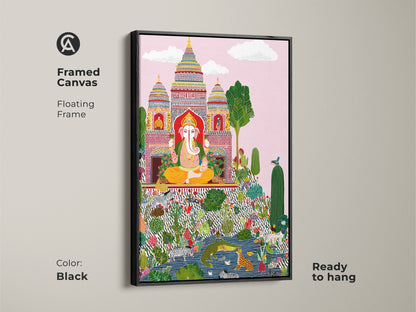 Framed canvas featuring Ganesha folk art in a black floating frame. Eclectic zebra print and colorful botanical art enhance this spiritual decor. Ready to hang this religious Ganesha art adds culture to any room. This vibrant Ganesha canvas is a unique statement piece