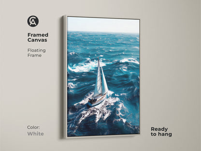 This framed canvas artwork with a white floating frame features a sailboat on ocean waves. The nautical sailboat art is ready to hang. This coastal waves seascape art is a great housewarming gift. It's a great addition to your collection of maritime artwork.