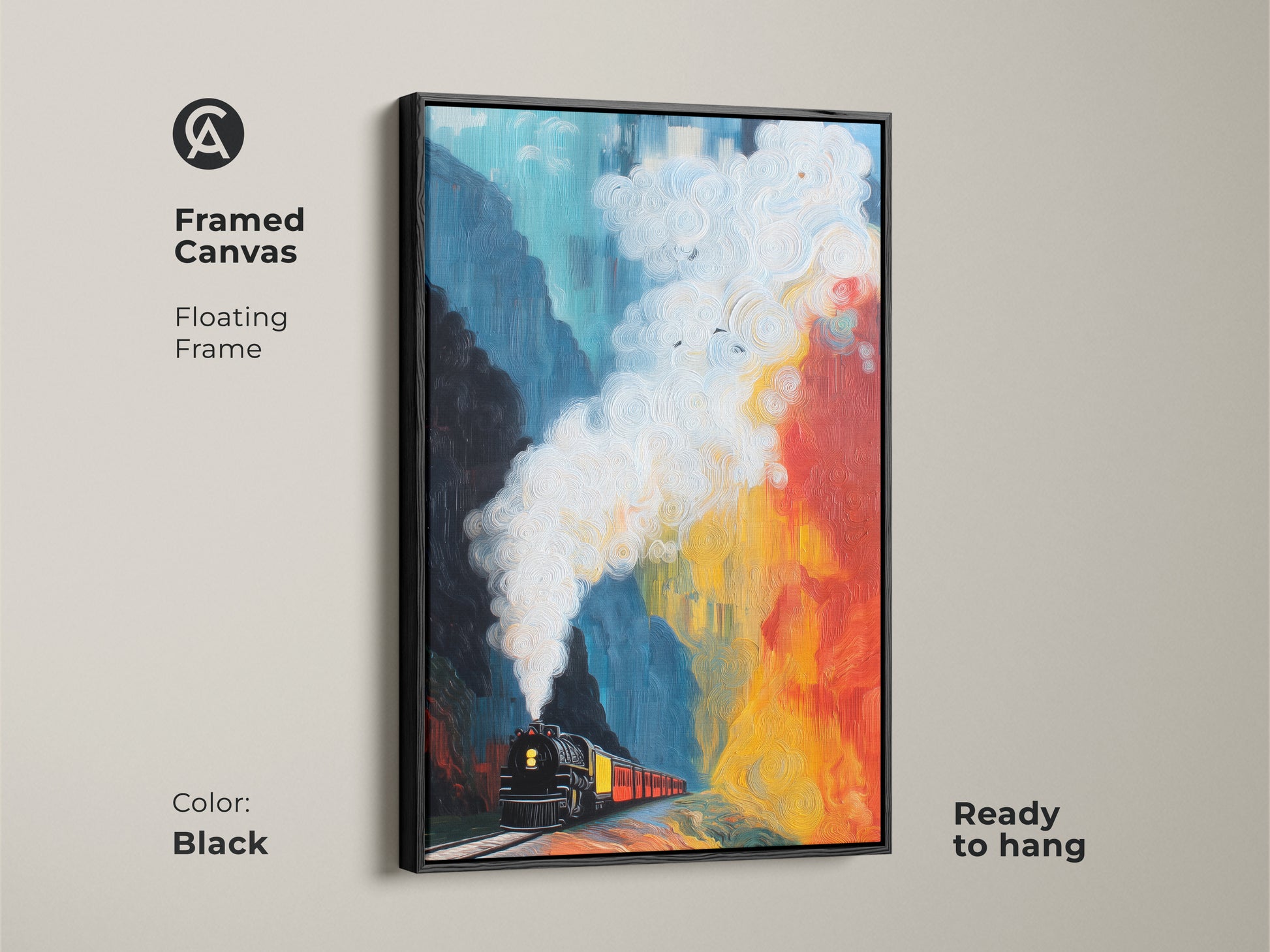 Framed canvas art of an expressive steam train. The black floating frame enhances the teal red yellow artwork. Ready to hang this unique wall decor is ideal for train enthusiasts and lovers of abstract art.