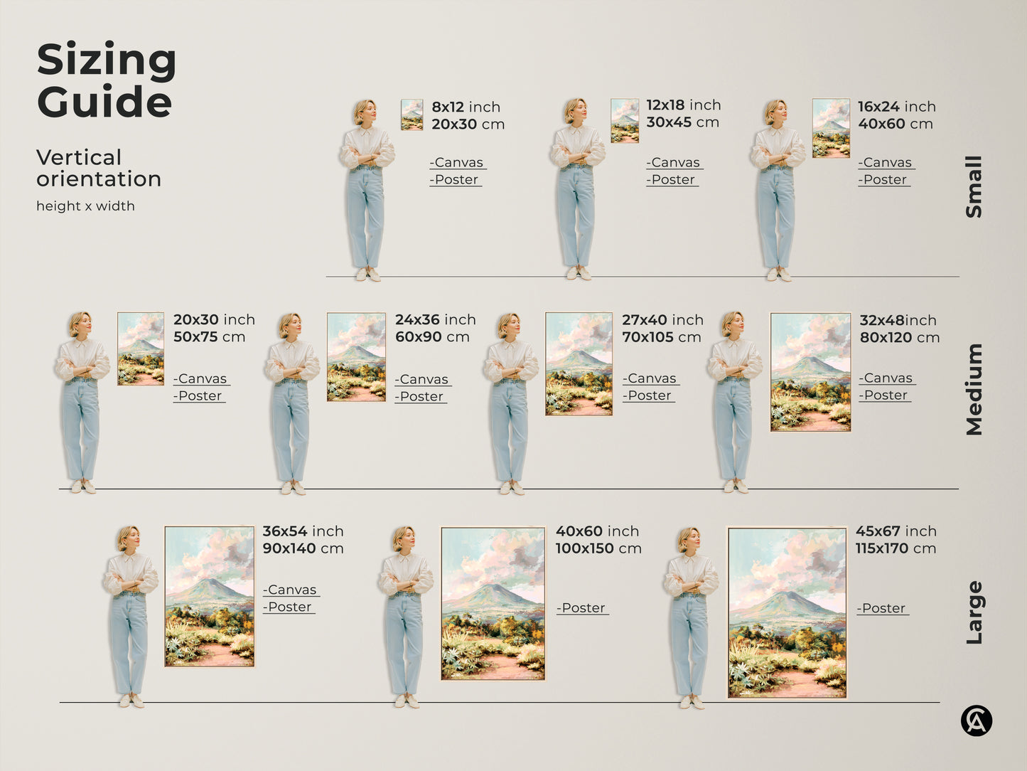 Sizing guide showcasing vertical orientation of this mountain landscape canvas print. Available in small medium and large sizes. The impressionist volcano art suits various spaces. The teal green artwork complements your home. Find the perfect fit for nature home decor needs. 
