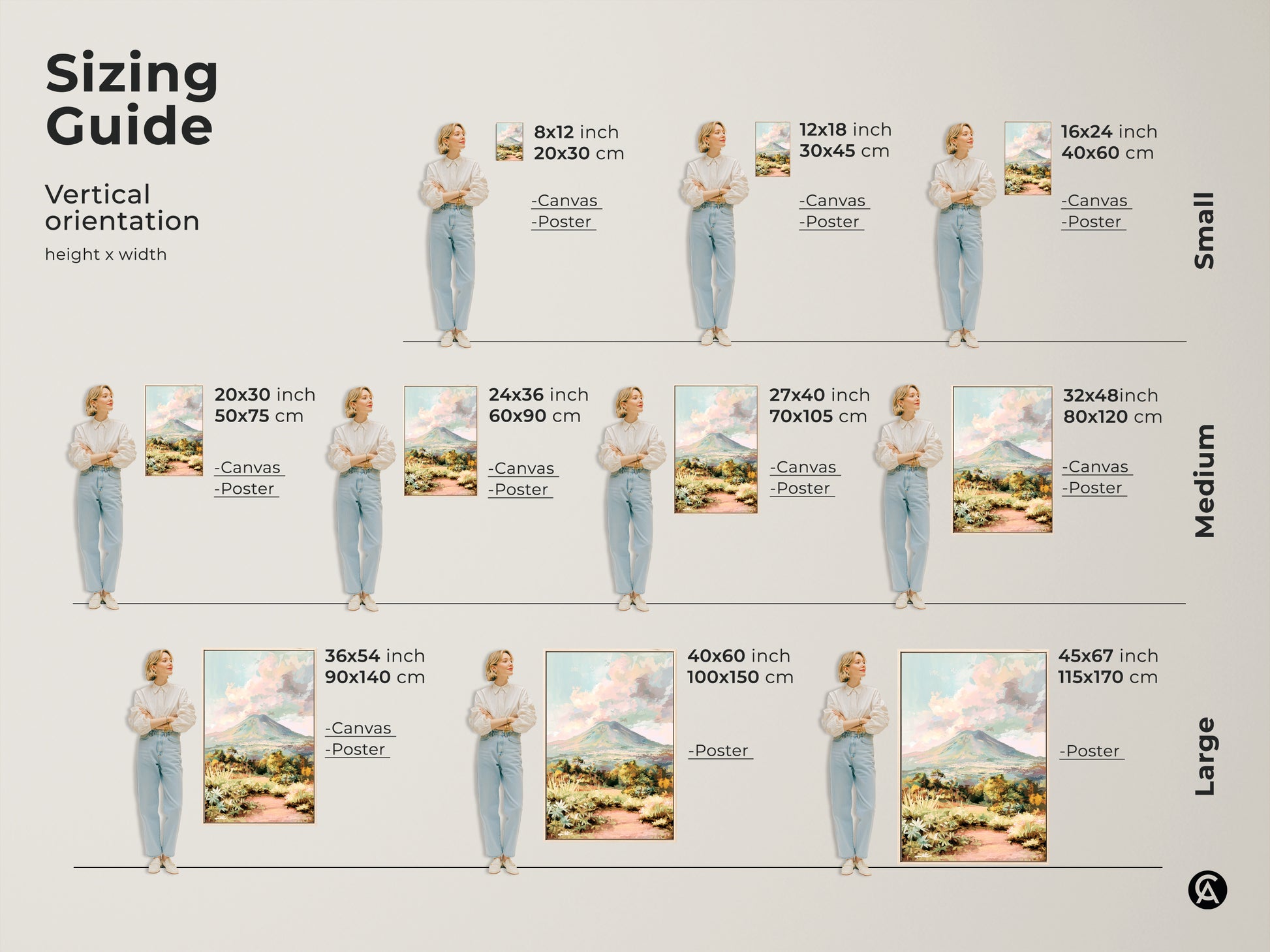 Sizing guide showcasing vertical orientation of this mountain landscape canvas print. Available in small medium and large sizes. The impressionist volcano art suits various spaces. The teal green artwork complements your home. Find the perfect fit for nature home decor needs. 