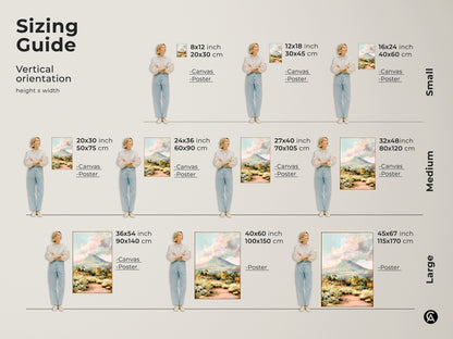 Sizing guide showcasing vertical orientation of this mountain landscape canvas print. Available in small medium and large sizes. The impressionist volcano art suits various spaces. The teal green artwork complements your home. Find the perfect fit for nature home decor needs. 