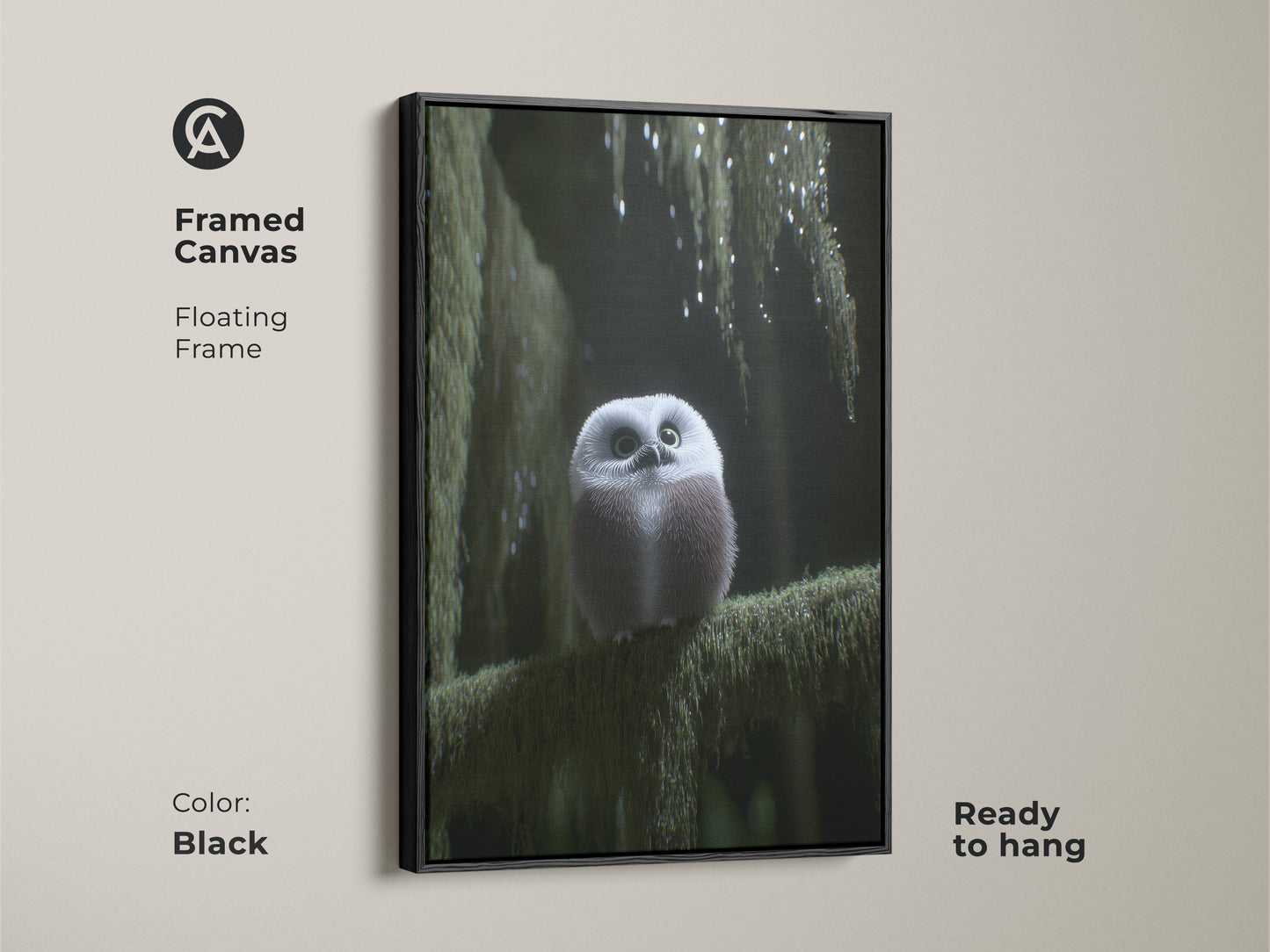 Framed canvas featuring a cute forest owl art print with a floating black frame. Ready to hang this artwork brings a touch of nature to any room. Perfect as woodland nursery decor or cozy bedroom art. A great gift for nature lovers and fans of boho aesthetics