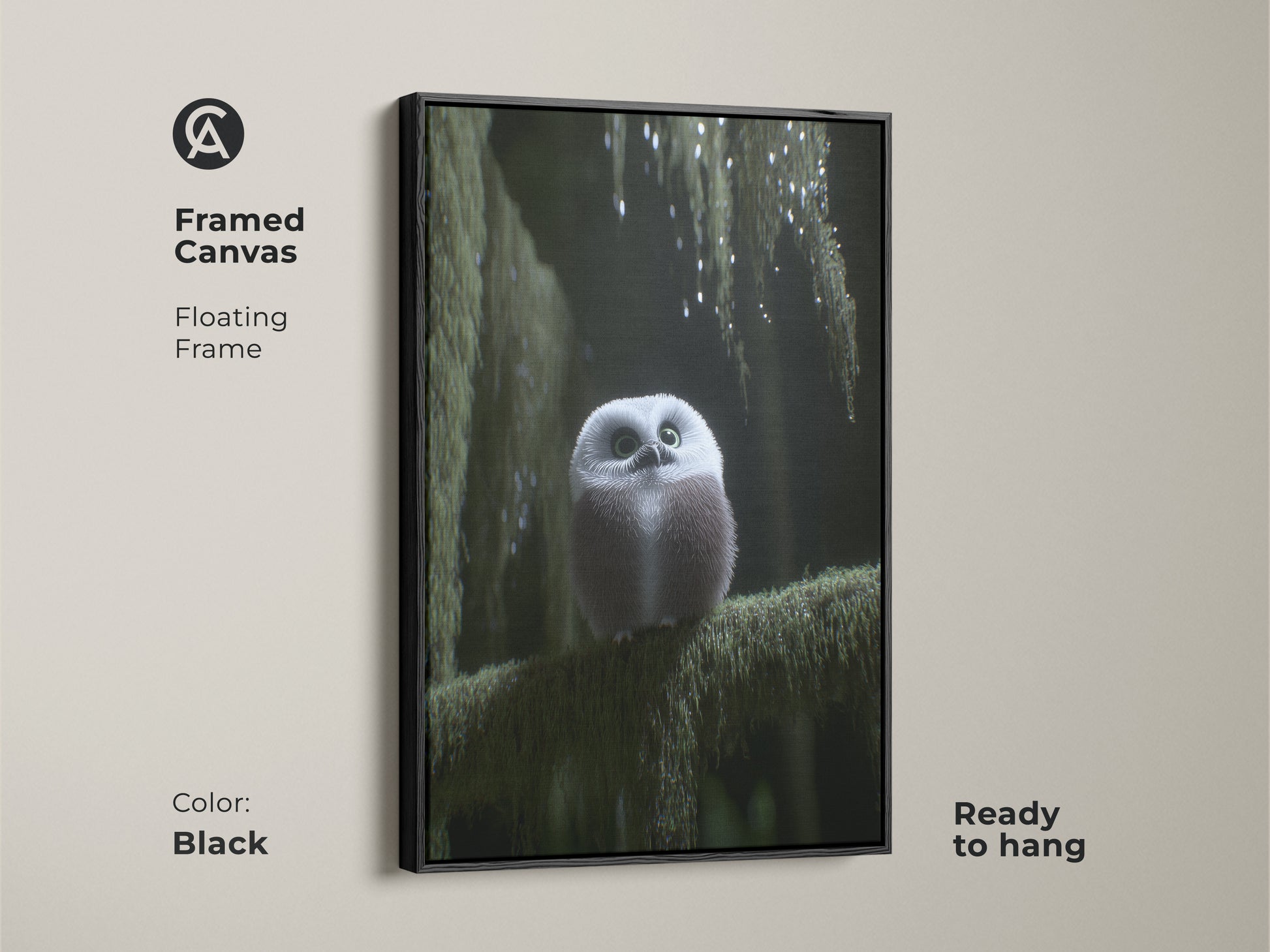 Framed canvas featuring a cute forest owl art print with a floating black frame. Ready to hang this artwork brings a touch of nature to any room. Perfect as woodland nursery decor or cozy bedroom art. A great gift for nature lovers and fans of boho aesthetics