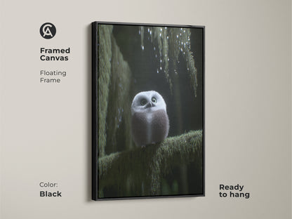 Framed canvas featuring a cute forest owl art print with a floating black frame. Ready to hang this artwork brings a touch of nature to any room. Perfect as woodland nursery decor or cozy bedroom art. A great gift for nature lovers and fans of boho aesthetics