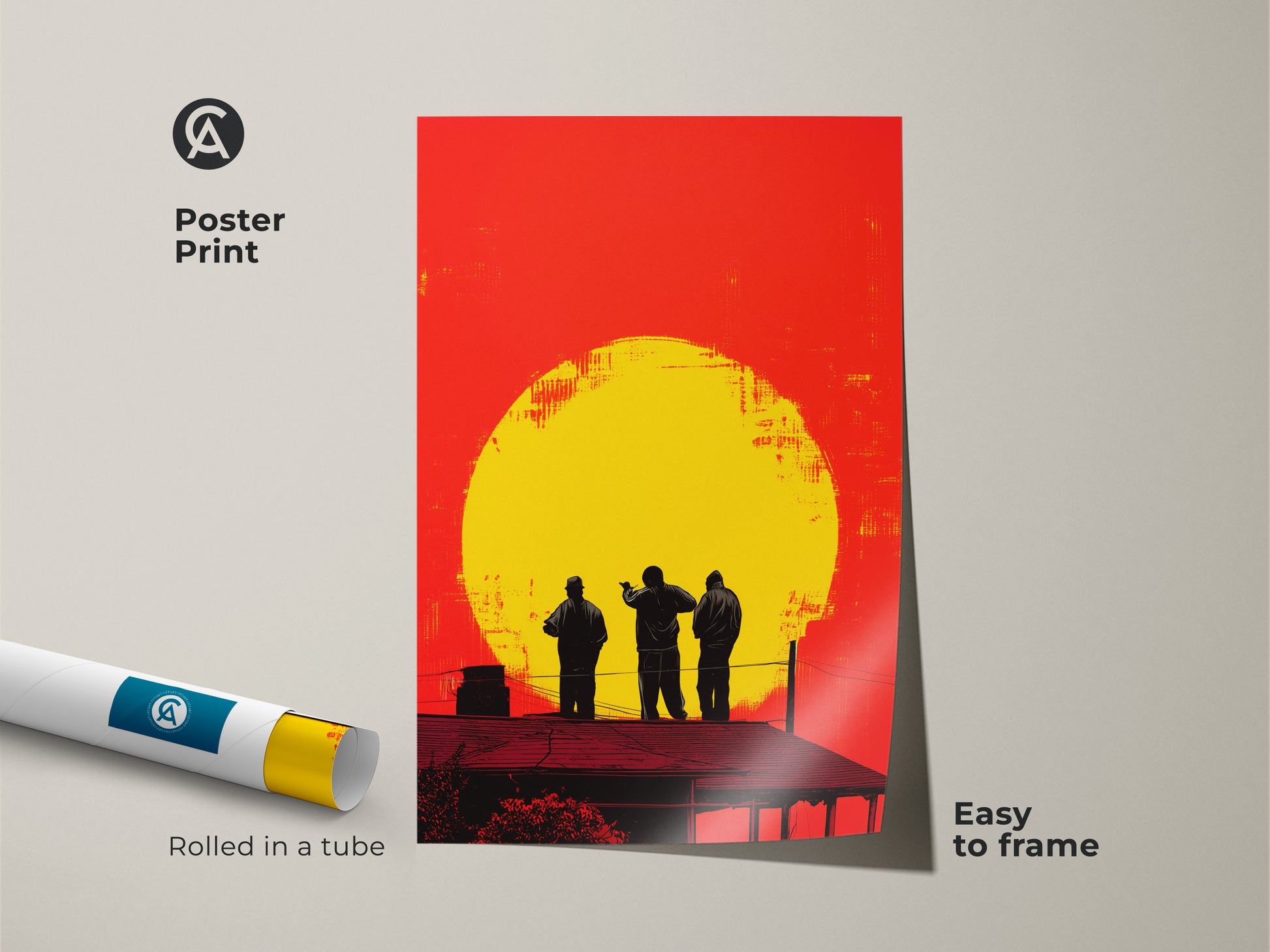 Poster print of urban rooftop figures art. The yellow orange sunset artwork is easy to frame and adds a modern abstract touch to any space. This graphic art print is rolled in a tube for protection.
