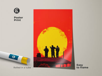 Poster print of urban rooftop figures art. The yellow orange sunset artwork is easy to frame and adds a modern abstract touch to any space. This graphic art print is rolled in a tube for protection.