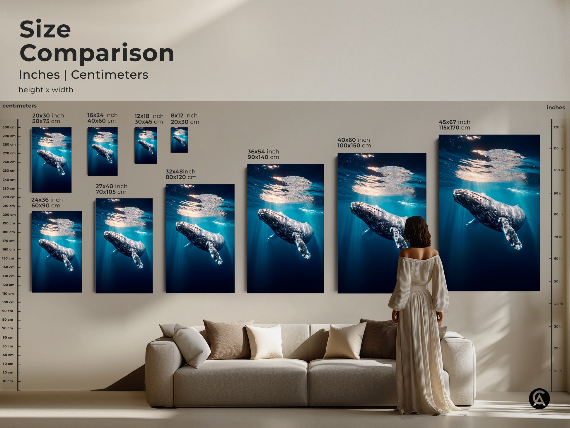 Size comparison of humpback whale artwork in inches and centimeters. See various sizes of this realistic ocean print next to a sofa. This deep blue art adds a coastal touch to any living room. Choose the ideal size for your ocean wildlife wall art. Perfect for nautical home decor.