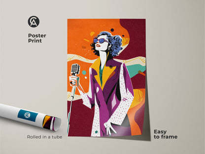 This poster print features retro singer pop artwork rolled in a tube for easy framing. The artwork features a woman singing into a vintage microphone. The eclectic music wall decor has a purple yellow and orange color pallete making it a great gift.