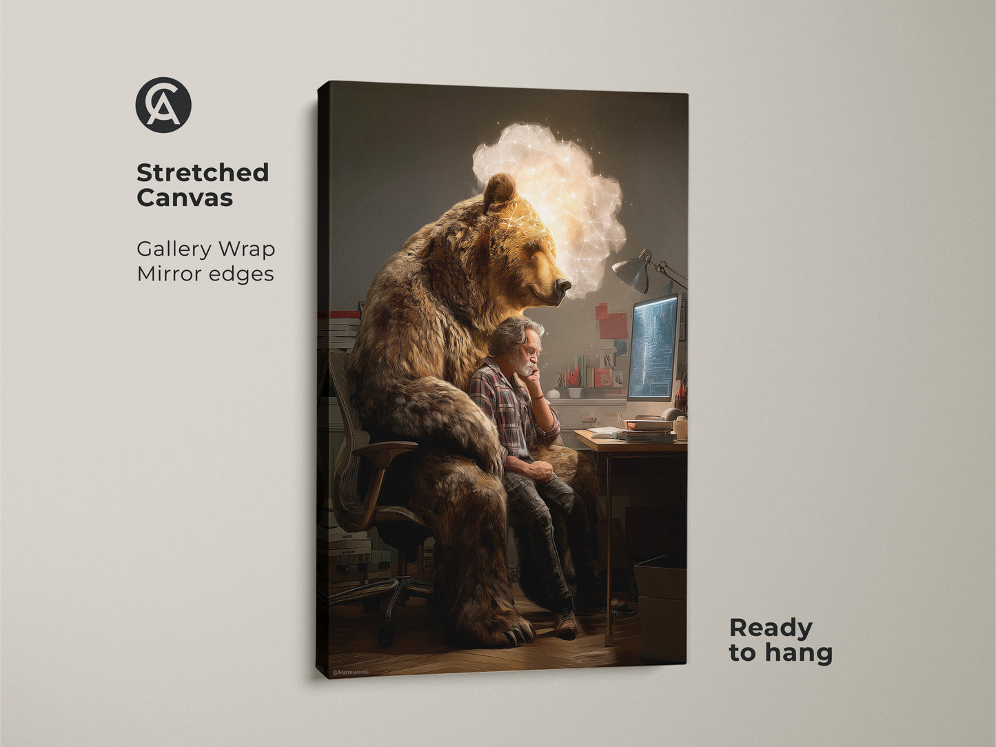 A stretched canvas shows conceptual bear man artwork. It features surreal animals and technology. This abstract tech wall art has grey and brown colors. The gallery wrap and mirror edges make it ready to hang for office decor.