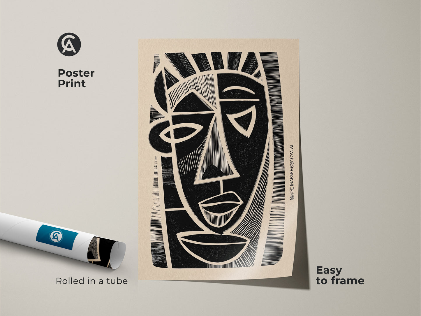 A poster print displays a cubist abstract face. This black and white linocut print is easy to frame. The modern abstract canvas is rolled in a tube. It's ideal home office wall art or entryway decor art for art enthusiasts.