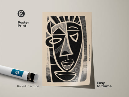 A poster print displays a cubist abstract face. This black and white linocut print is easy to frame. The modern abstract canvas is rolled in a tube. It's ideal home office wall art or entryway decor art for art enthusiasts.