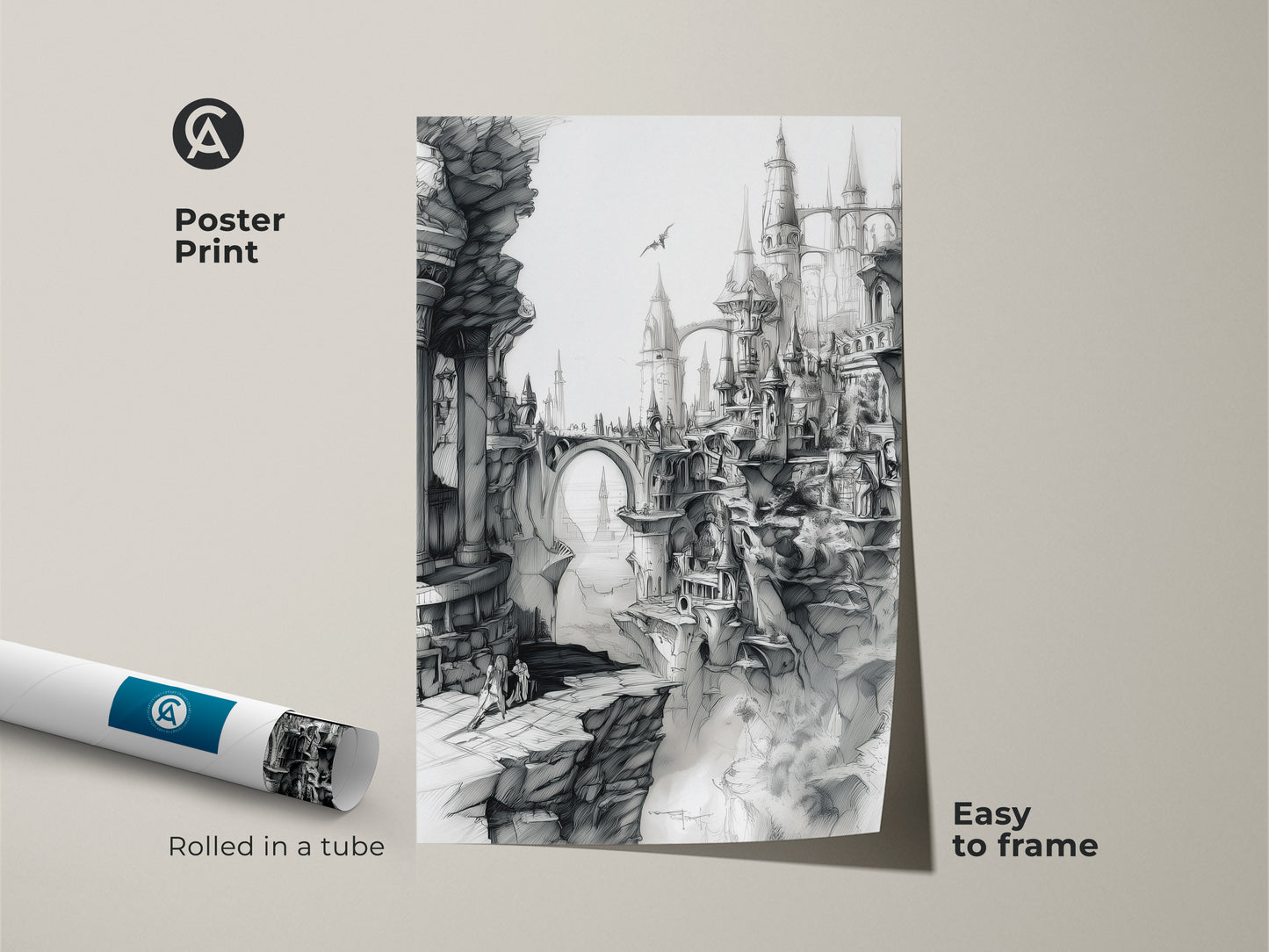Poster print of a fantasy city artwork. This museum-quality paper print is rolled in a tube for easy framing. The black and white art features gothic architecture and a dramatic landscape. Perfect for art lovers.