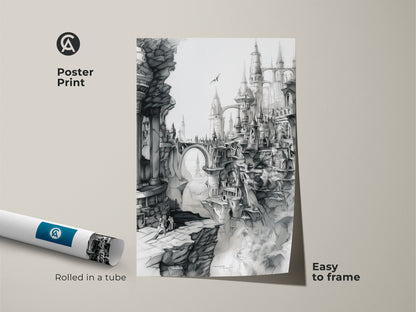 Poster print of a fantasy city artwork. This museum-quality paper print is rolled in a tube for easy framing. The black and white art features gothic architecture and a dramatic landscape. Perfect for art lovers.