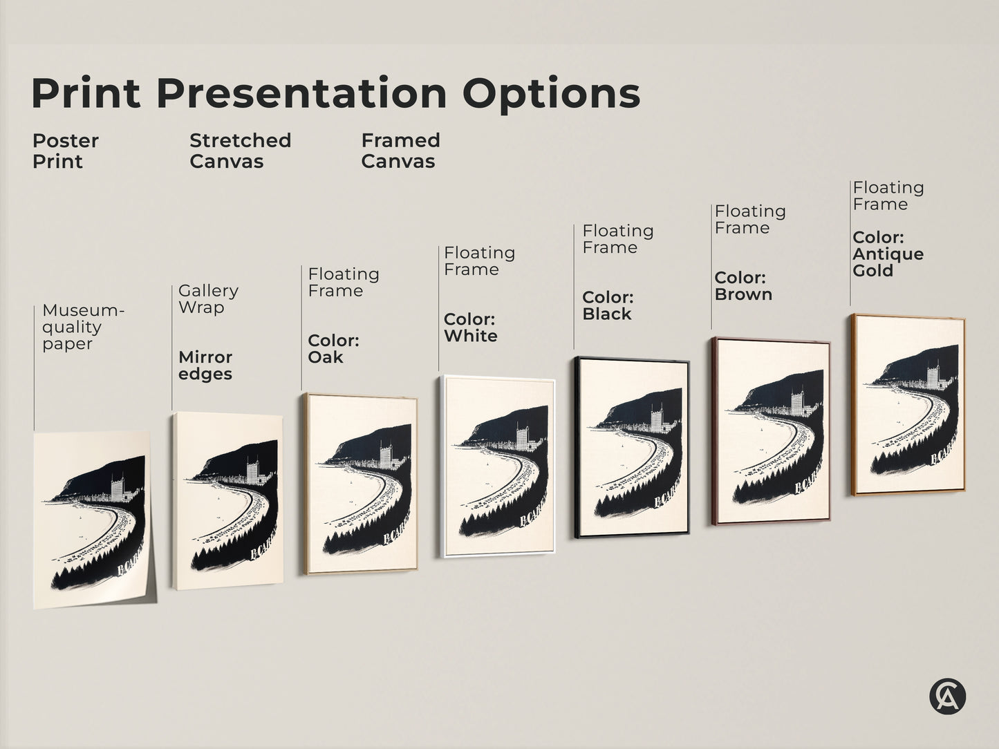 Presentation options for this vintage coastal town print. See poster prints stretched canvas and framed canvas. Black and white beach artwork is great for coastal living room decor.