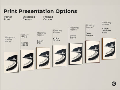 Presentation options for this vintage coastal town print. See poster prints stretched canvas and framed canvas. Black and white beach artwork is great for coastal living room decor.