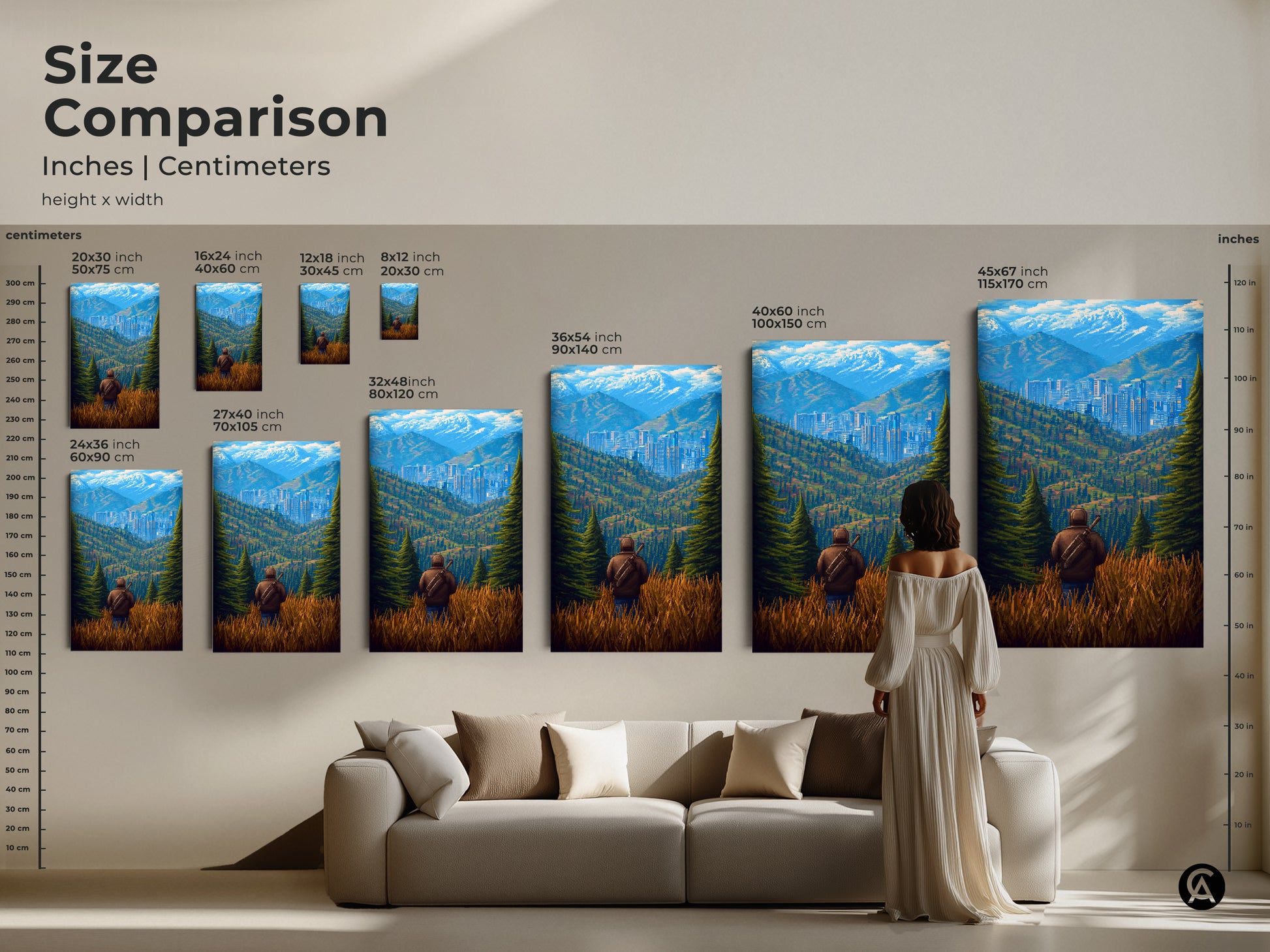 Size comparison of pixel art cityscape prints in a living room setting. The art showcases a retro mountain landscape. Displayed in various sizes above a couch showing scale. It's perfect modern retro wall decor.