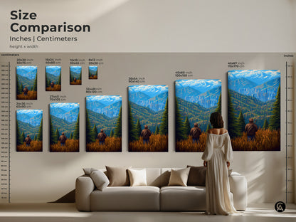 Size comparison of pixel art cityscape prints in a living room setting. The art showcases a retro mountain landscape. Displayed in various sizes above a couch showing scale. It's perfect modern retro wall decor.