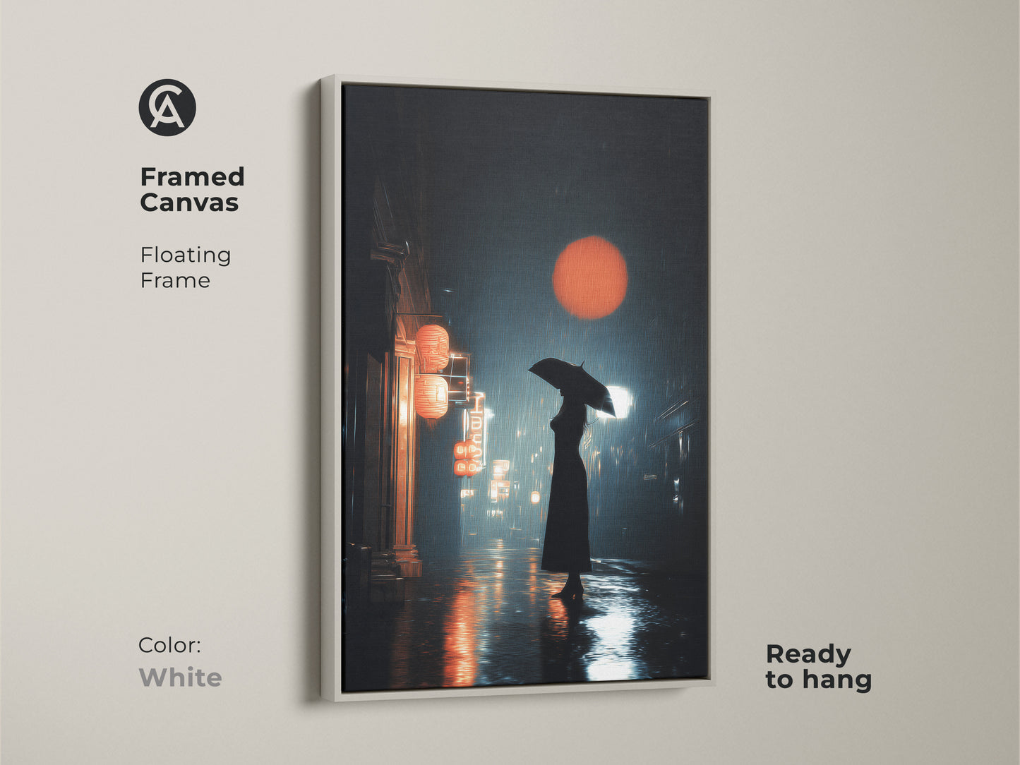 White framed canvas art features a cinematic urban cityscape. A woman with an umbrella walks on a rainy night street. Red lanterns and orange sun art give travel decor. Perfect housewarming gift.