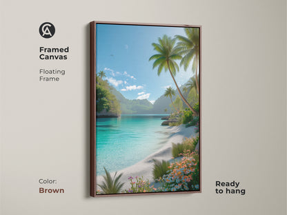 Framed beach artwork with a brown floating frame. This canvas art print features palm trees and turquoise water. The tropical wall art is ready to hang. Perfect for any room.