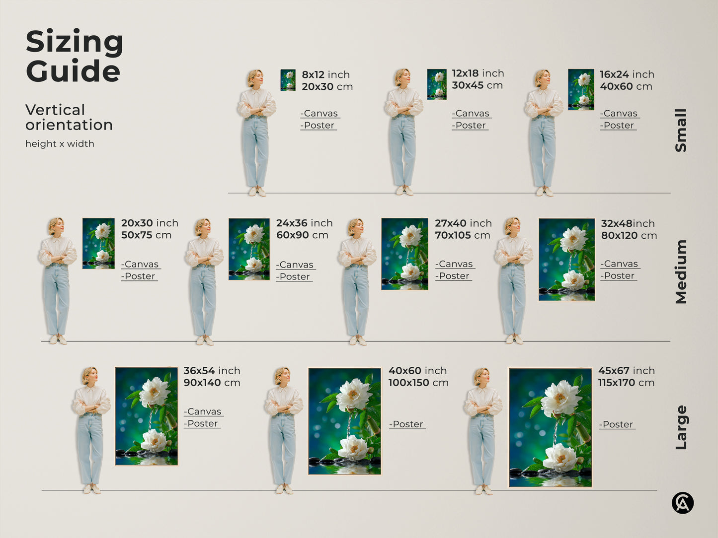Sizing guide for vertical floral art prints. Available in small medium and large sizes. Find the perfect fit for your wall space. Choose from canvas or poster options to complement your home decor.