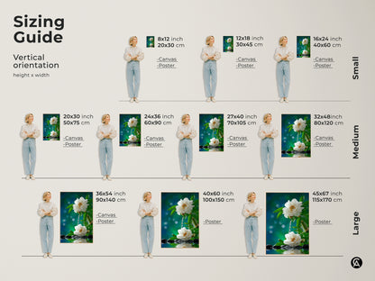 Sizing guide for vertical floral art prints. Available in small medium and large sizes. Find the perfect fit for your wall space. Choose from canvas or poster options to complement your home decor.
